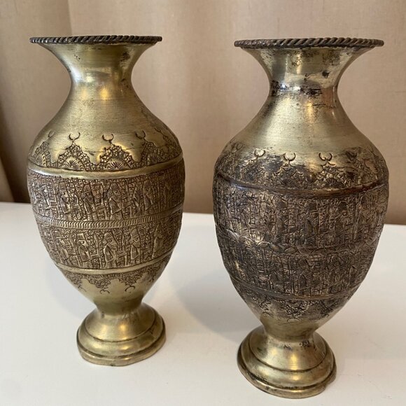 Antique 19th C. Chased Brass Vases Biedermeier Austria Persia 7.5 Set of 2 - Picture 2 of 7